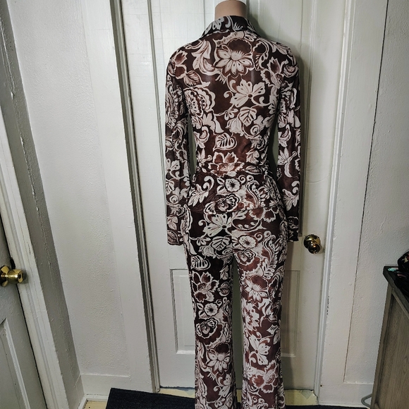 NWT Fashion Nova Brown Floral Mesh Pant Set - Size Medium - Y2K Boho Flare - Picture 2 of 2
